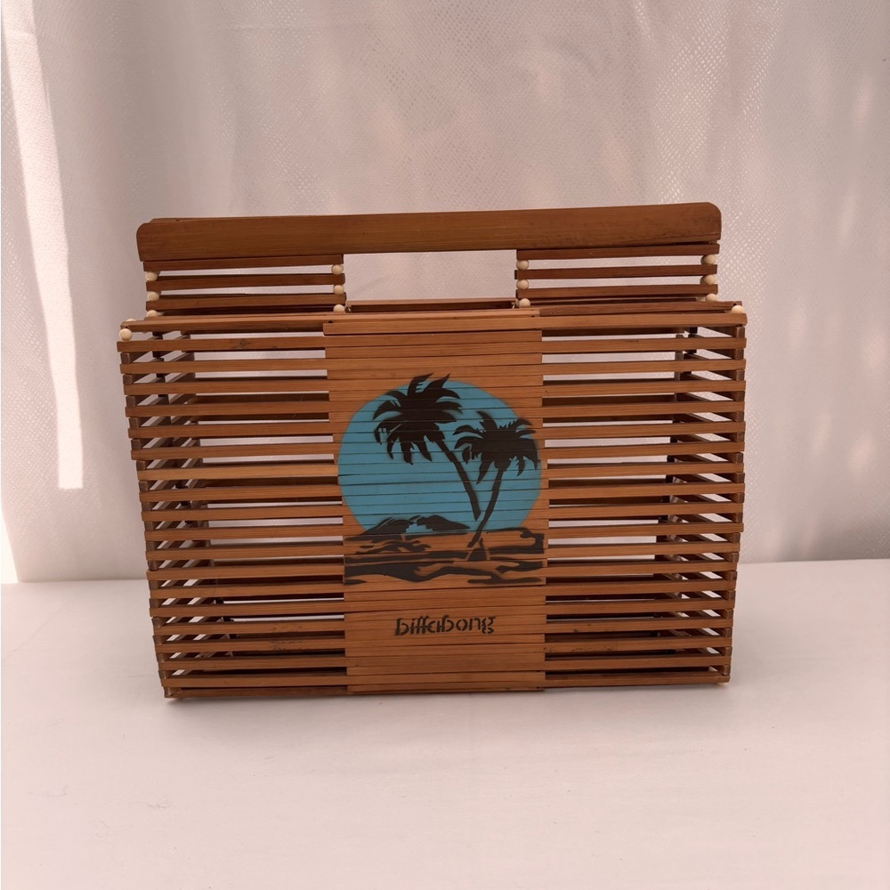 Billabong Bamboo Slatted Wood Tote Beach Bag Boho Chic Tropical Palm Print - Picture 2 of 9